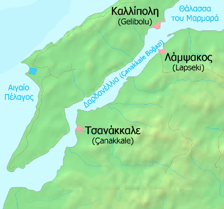 Χάρτης των στενών, με τις κύριες πόλεις